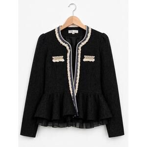 12 Month Black Textured Peplum Jacket Pearl Fringe Trim Blazer Size Small
